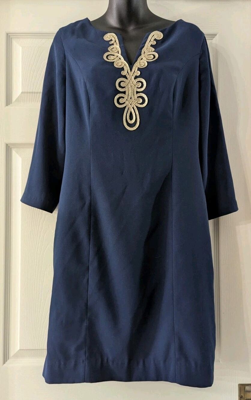 Lilly Pulitzer Shift Dress Navy Gold Embroidered Sz 8
